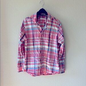 Madras Plaid Pink Shirt, Cool Buttons and Collar Detail